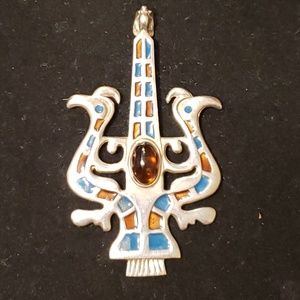 Sterling Silver Duel Peacocks Pendant Signed "NORA